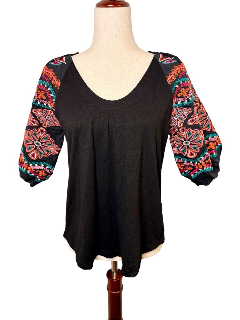 THML Black Embroidered Puff Sleeve Boho Festival Peasant Top Small